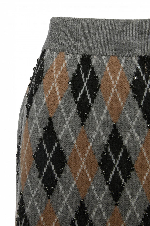 Mini knitted skirt with argyle pattern and rhinestones