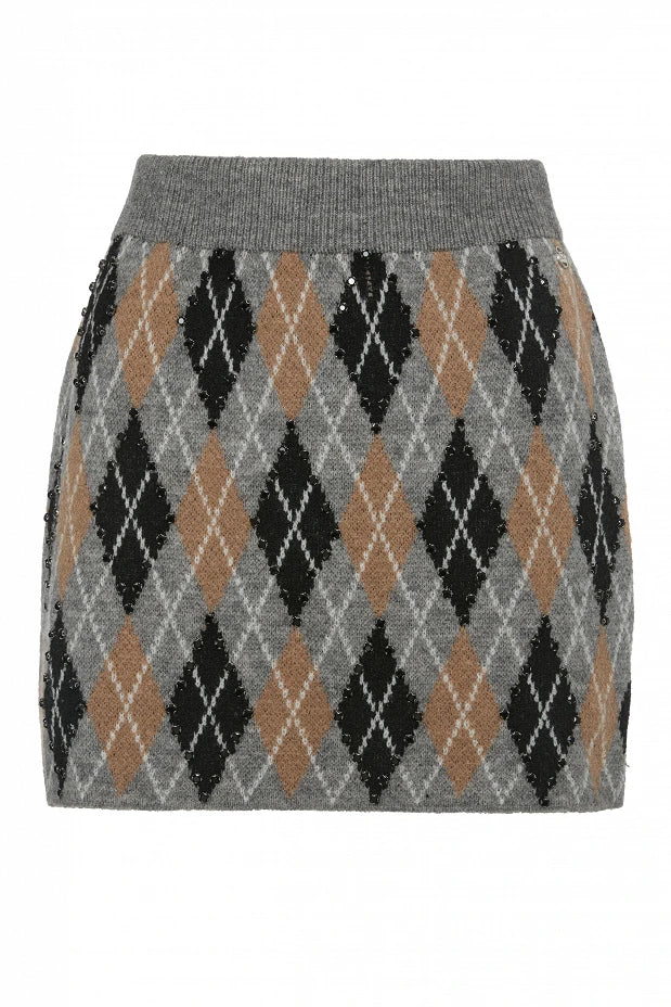 Mini knitted skirt with argyle pattern and rhinestones