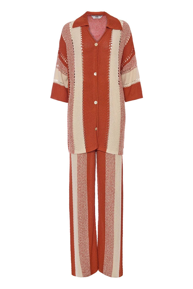 Striped knit set with cut work
