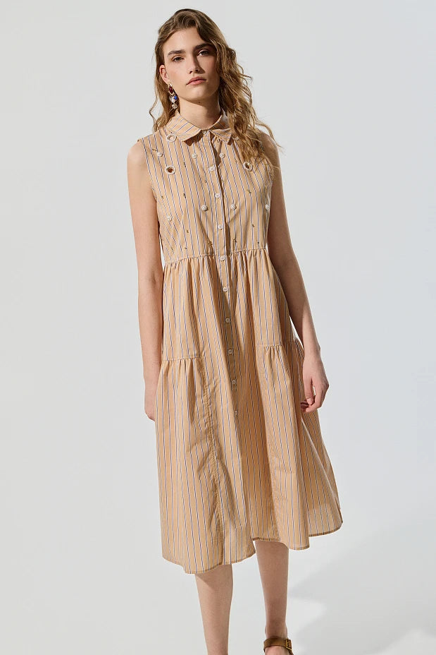 Vestido camisero sin mangas midi con volantes