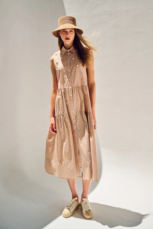 Vestido camisero sin mangas midi con volantes