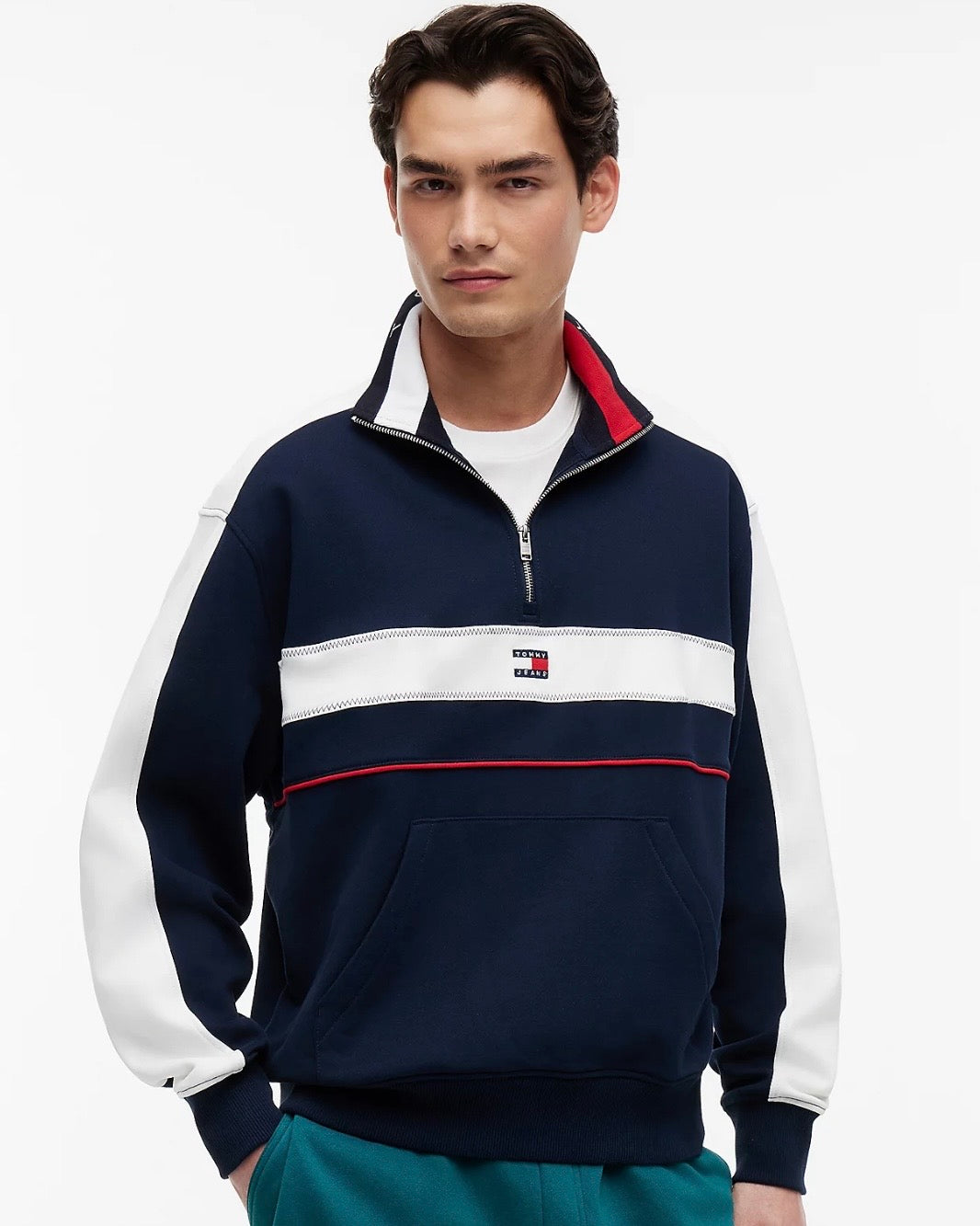 Sudadera color block con cremallera de un cuarto