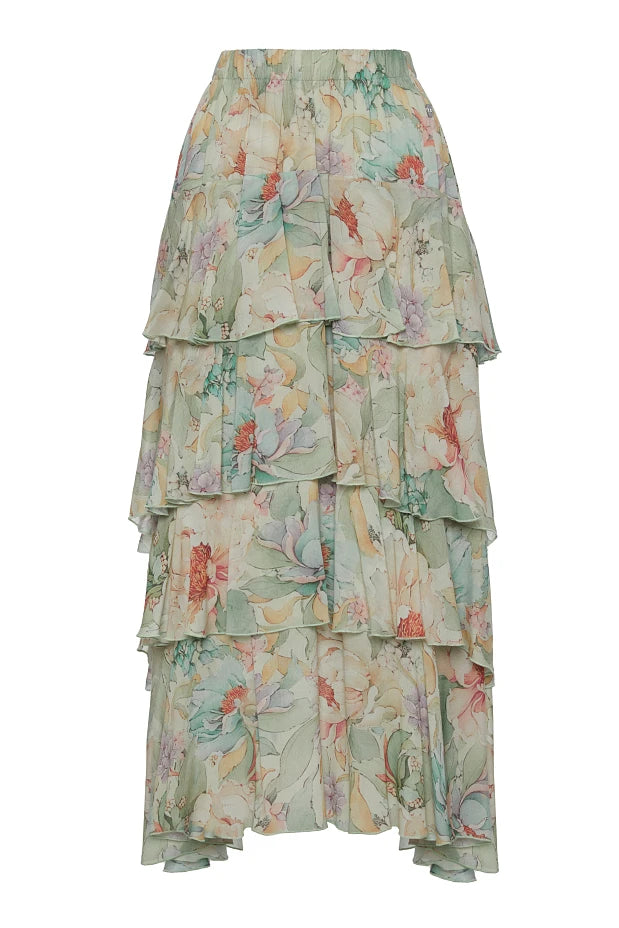 Falda midi floral con volantes