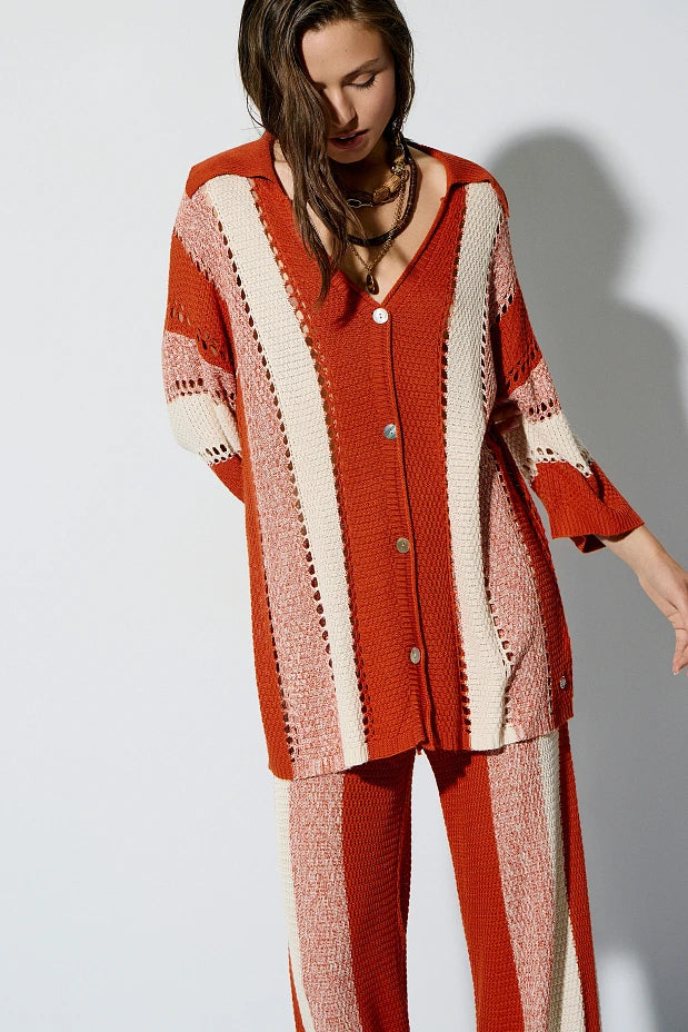 Striped knit set with cut work
