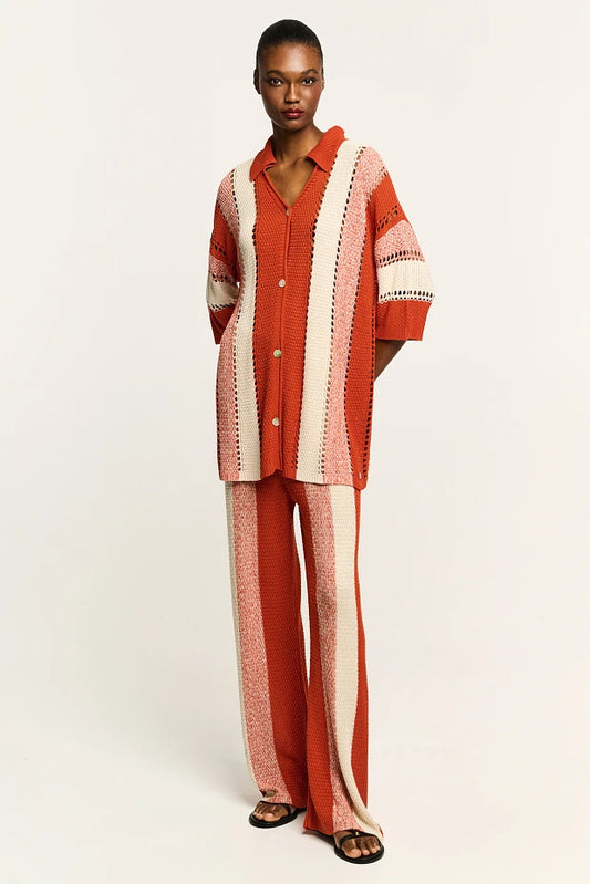 Striped knit set with cut work