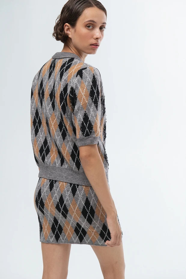 Polo sweater with argyle pattern and rhinestones