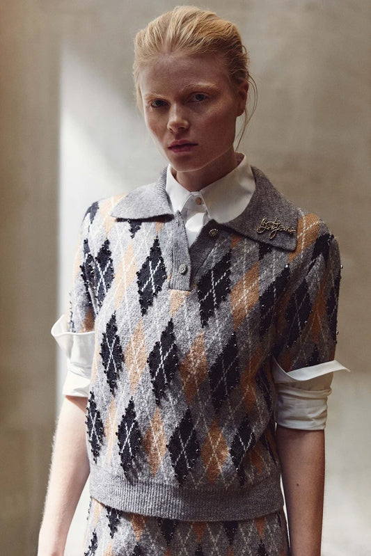 Polo sweater with argyle pattern and rhinestones