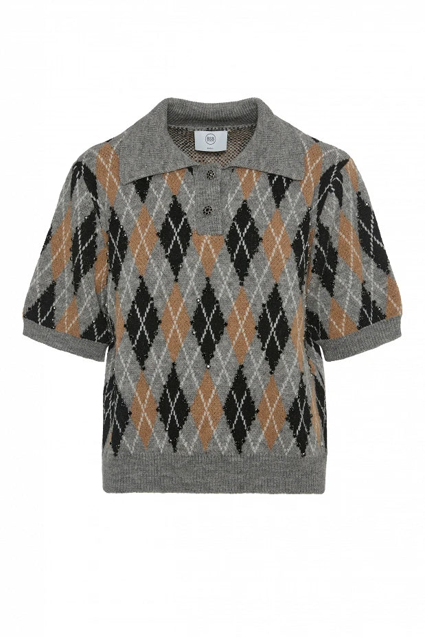 Polo sweater with argyle pattern and rhinestones