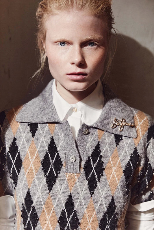 Polo sweater with argyle pattern and rhinestones