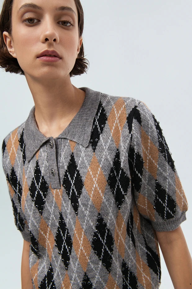Polo sweater with argyle pattern and rhinestones