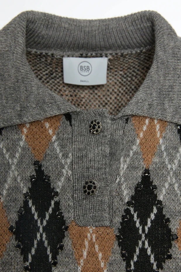 Polo sweater with argyle pattern and rhinestones
